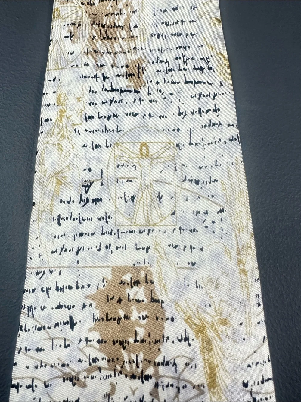 Roberta Firenze Italy Silk Renaissance Manuscript Tie White Gold 3 5/8 x 58 1/2